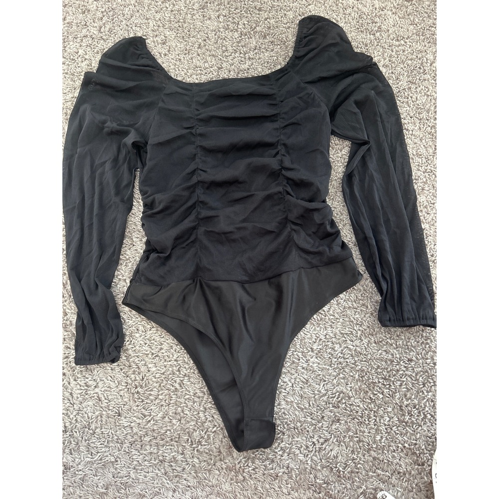 Sincerely Jules Black Mesh Bodysuit Ruched Long Sleeve Square Neck Top M